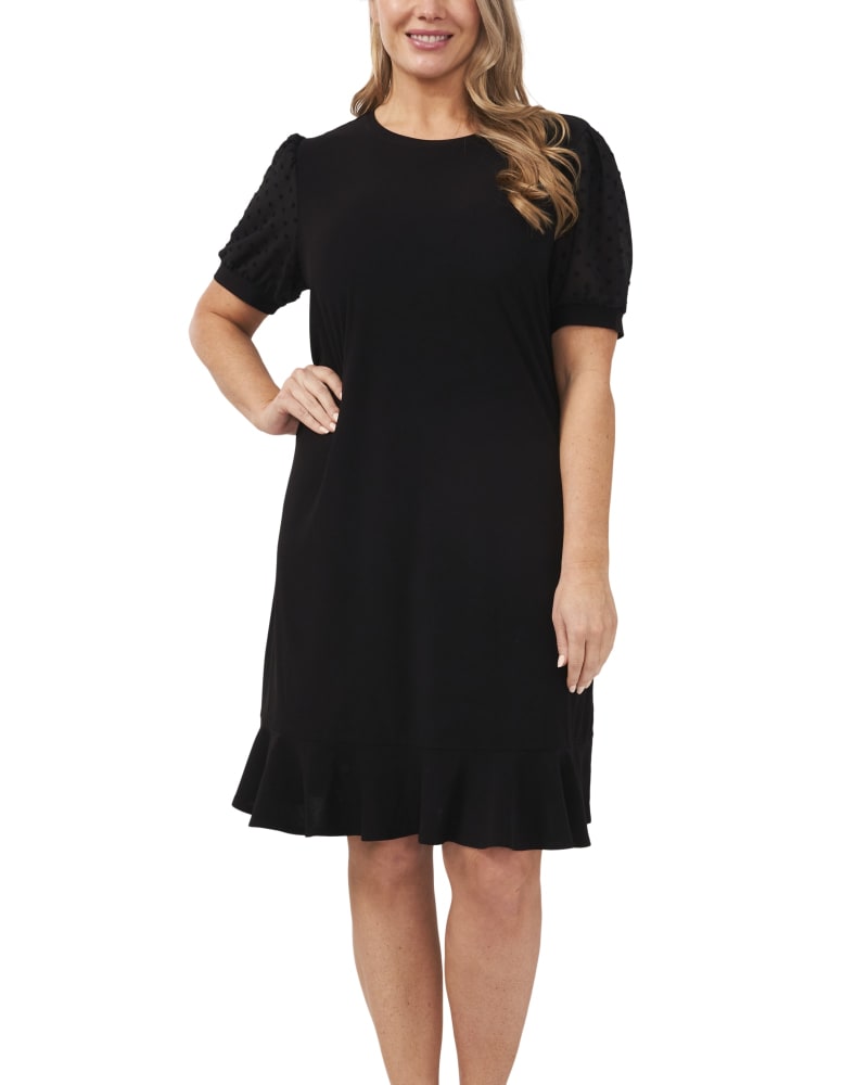 Front of a model wearing a size 1X Poppy Puff Sleeve Dress in RICH BLACK by CeCe. | dia_product_style_image_id:263572